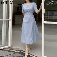 (จัดส่งฟรี)Fancystyle VONDA ผู้หญิงคอเหลี่ยมสวยสง่าแขนพัฟที่ตกแต่งชุดเดรสถักอารมณ์ชุดเดรสทรงแข็ง