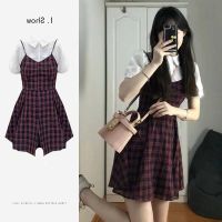 COD DSFGRDGHHHHH Dress Fake Two-Piece Puff Sleeve Checked Suspender Female Summer Niche Classy Waist-Waisted Short Skirt