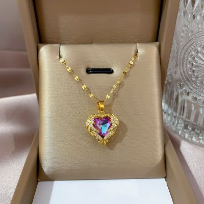 Exquisite Fashion Love Blue Purple Crystal Necklace for Women Charm Angel Wings Heart Zircon Party Pendant Jewelry Birthday Gift