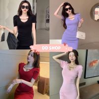 DD SHOP "พร้อมส่ง"(Q602)ชุดเดรสแขนสั้น แต่งโซ่ทองตรงอก