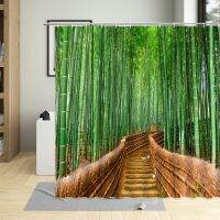 Spring Green Plant Bamboos Forests Shower Curtain Forest Path Dense Trees Landscape Bathroom Household Bathtub Decoration Set