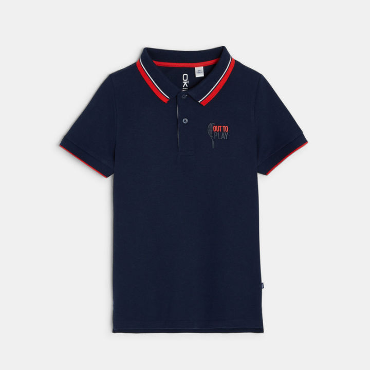 Okaidi Boy Short Sleeves Logo Print Pique Cotton Jersey Polo Shirt ...
