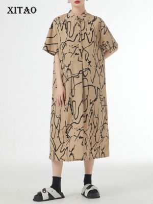 XITAO Dress Casual Stand Collar Women Print Dress