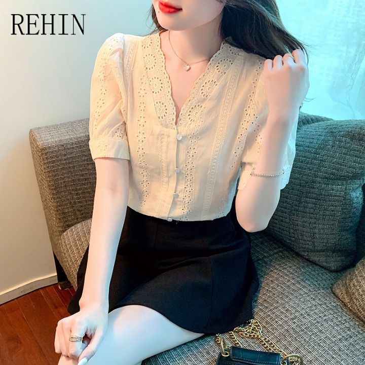 rehin-เสื้อคอวีแขนสั้นผู้หญิง-เสื้อคอวีแขนพองแบบฝรั่งเศสแขนสั้นสไตล์เกาหลีแบบใหม่ฤดูร้อน