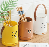 Household Cartoon Ceramic Chopsticks Holder Spoon Fork Cutlery Drainer Kitchen Storage Cage Kitchen Utensils Organizer Kitchenware Storage Rack with Handle for Home Restaurant