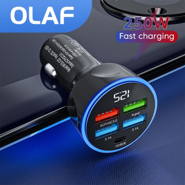 olaf-4-usb-pd-type-c-รถ-r-250w-ชาร์จเร็วสุด-qc-3-0จอแสดงผลดิจิตอลโทรศัพท์-usb-r-สำหรับ-samsung-แท็บเล็ต