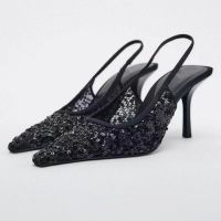 2023 Spring New Womens Shoes with Black Beads and Exposed Heels, French Style, Headed Back Hollow High Heel Sandals