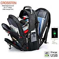 Crossten กระเป๋าเป้สะพายหลังแล็ปท็อป17นิ้วทนทานกระเป๋าเดินทาง45L กระเป๋าหนังสือสำหรับโรงเรียนชาร์จพอร์ต USB กันน้ำสวิสมัลติฟังก์ชั่น