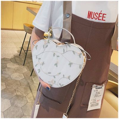 Korean Sling Bag Lovely Round Heart-shaped Manual Lace Embroidered Pu Leather Messenger Single Shoulder Handbag