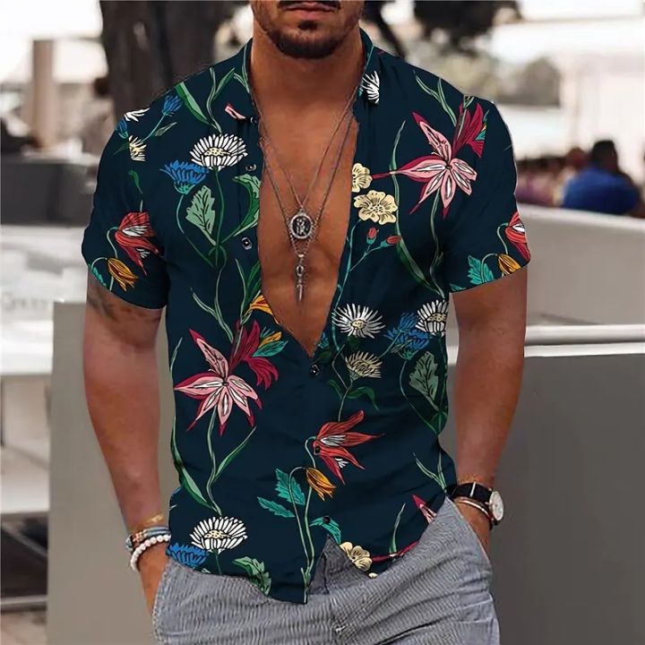 เสื้อฮาวายฤดูร้อนสำหรับผู้ชายโอเวอร์ไซส์พิมพ์ลายฮาราจูกุสีชมพูเสื้อลำลองวันหยุดสไตล์หรูหรายุคกลาง-y2k-วินเทจ