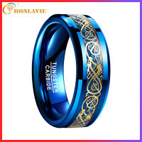 BONLAVIE 8mm Mens Celtic Dragon Tungsten Carbide Wedding Band Blue Carbon Fiber Engagement Ring Size 5-14