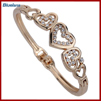 Bluelans®ผู้หญิงเก๋ปาร์ตี้ Hollow Inlay Rhinestone หัวใจกำไลกุหลาบทองสร้อยข้อมือ