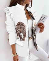 เสื้อเบลเซอร์ผู้หญิงแขนยาวมีระบายพิมพ์ลายเสือดาวชุดเสื้อกางเกงพิมพ์ลายแจ็คเก็ตลำลองสีสันสดใส