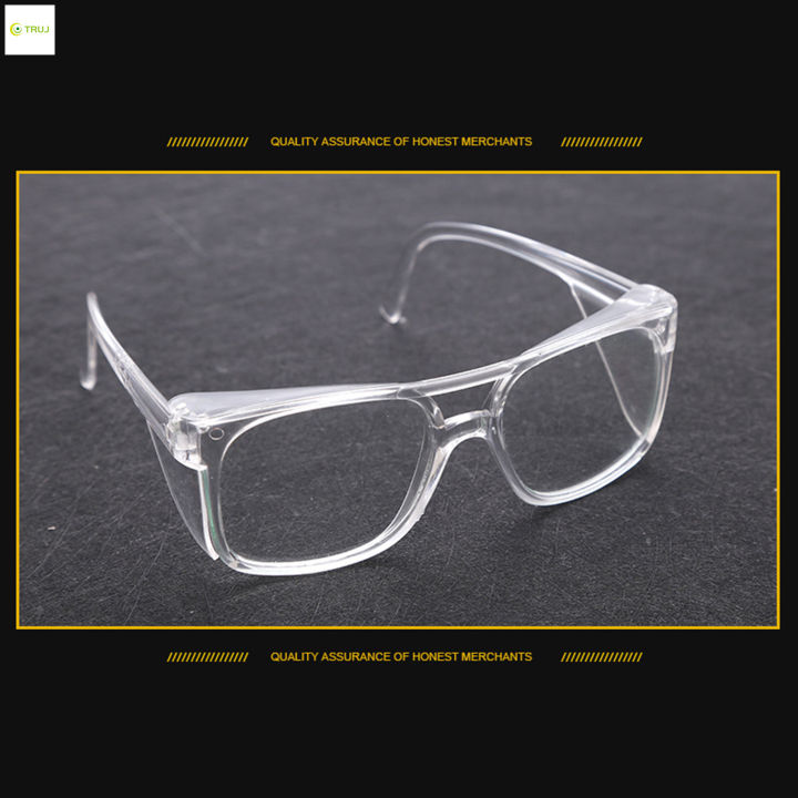 แว่นตานิรภัยสำหรับทุกเพศแว่นตาทำงานน้ำหนักเบาป้องกันฝุ่นทนต่อการขีดข่วนโครงสร้างในห้องปฏิบัติการ