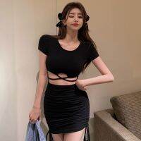ชุดเดรสสําหรับสตรีเซ็กซี่แขนสั้นคอกลมสีพื้น Bodycon