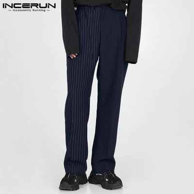 INCERUN กางเกงผู้ชายขาตรงลายทางปะต่อ,กางเกงสเเล็คยาวลำลองสำหรับวันหยุด (สไตล์เกาหลี)