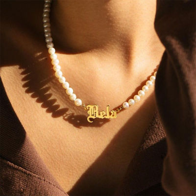 European Custom Alphabet Name Necklaces For Women Imitation Pearl Beads Chains Popular Letter Fairy Necklace Gothic Jewelry Gift