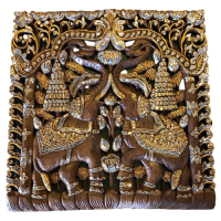 แผ่นไม้ ไม้สักแกะสลักลายช้างคู่แต่งกระจกสวยหรู ขนาด 60 ซม. x 60 ซม. x 3 ซม. Carved Teak Wood แผ่นไม้สักแท้แกะสลัก ตกแต่งบ้าน รีสอร์ท โรงแรม