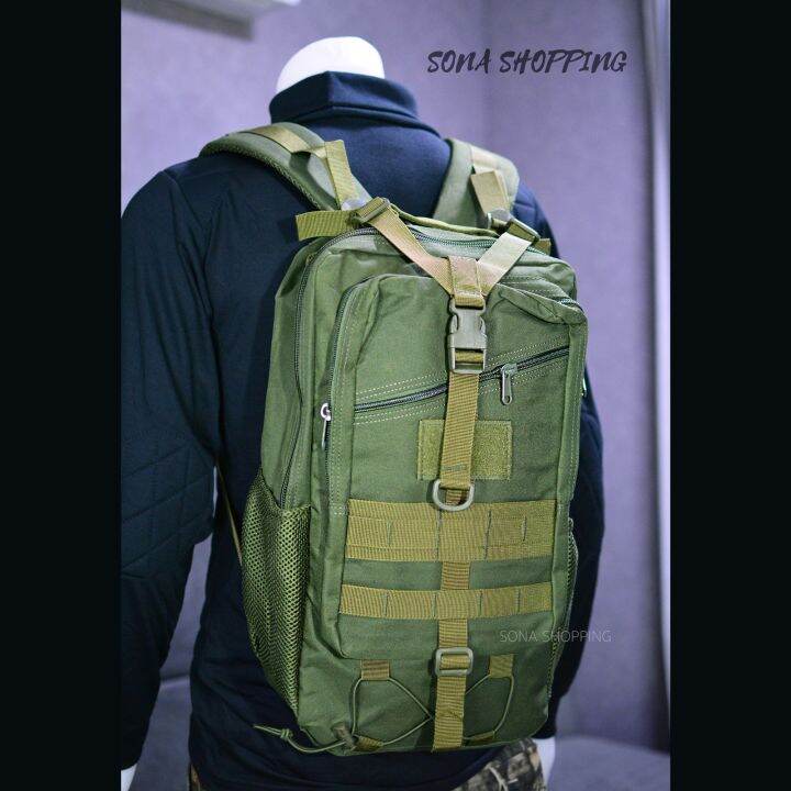 กระเป๋าเป้ทหารarmy-plain-green-camouflge-สีเขียวล้วน-สะพายหน้า-หลัง-มีช่องต่อusbเน้นความสะดวกในการเดินทาง