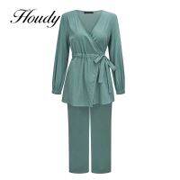 2022 Fashion Elegant Ladies Suit Women Long Shirt Tunic Pants Suit 3/4 Cuff Belt Satin Faldas Saia High Waist Jupe Suit Exercise Bands