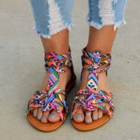 Women Flat Shoes Summer Bohemian Gladiator Roman Sandal Boho Sandalias Mujer Colorful Female Beach Flat Shoes