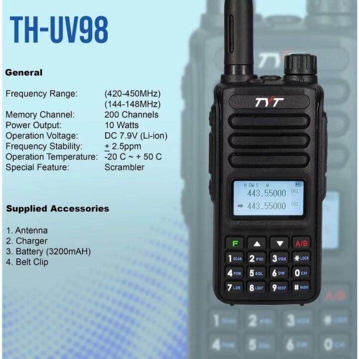 TYT TH-UV98 Two Way Radio 10W Power Dual Band TUHF VHF DOT-MATRIX LCD ...