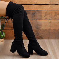 Black Flock Over The Knee Boots ผู้หญิงกลับ Lace Up ส้นหนายาวรองเท้าผู้หญิง2023ฤดูใบไม้ร่วงรอบ Toe ต้นขาสูง Botas De Mujer