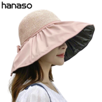 Hanaso หมวกบักเก็ตผ้า ผูกโบว์ หมวกกันแดด หมวกปีก หมวกผูกโบว์ หมวกชายหาด hat Free size มีเชือกคล้องคอ