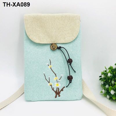 ♣ Antique linen embroidery phone package aslant hanfu bag bag pure and fresh literary pack one shoulder zen female