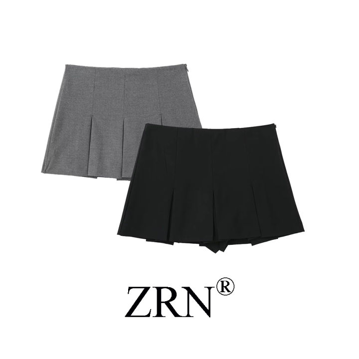 Women Fashion Solid Pleated Side Zipper Skirts Shorts Vintage High