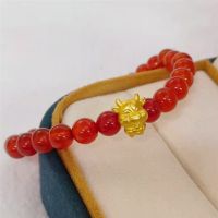 999 Real 24K Yellow Gold Women Bracelet 3D Lovely OX Red Agate Beads Link Bracelet 0.1-0.2g