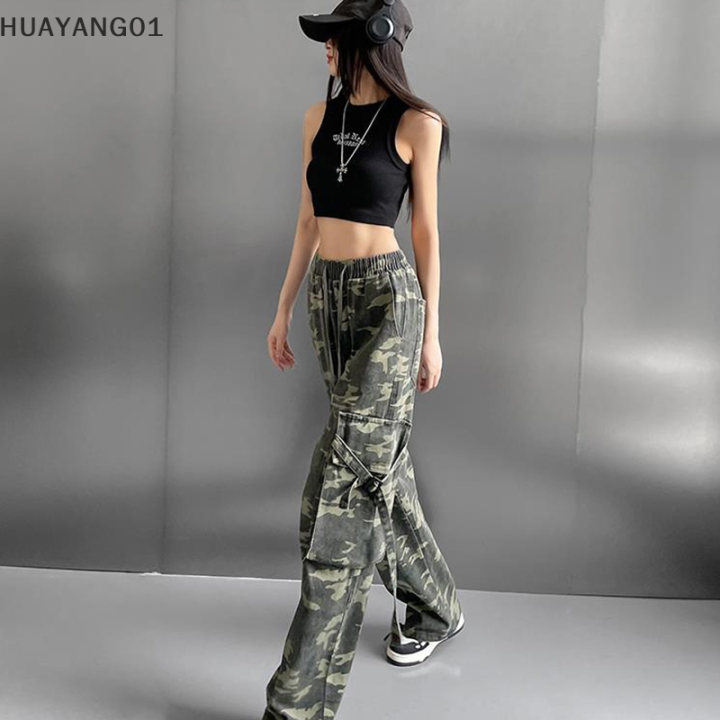 huayang01-2023กางเกงคาร์โก้ลายพรางลำลองผู้หญิง-กางเกงเอวกลางขากว้าง-y2k-กระเป๋าชุดสตรีทฮิปฮอปกางเกงขอบยางยืด