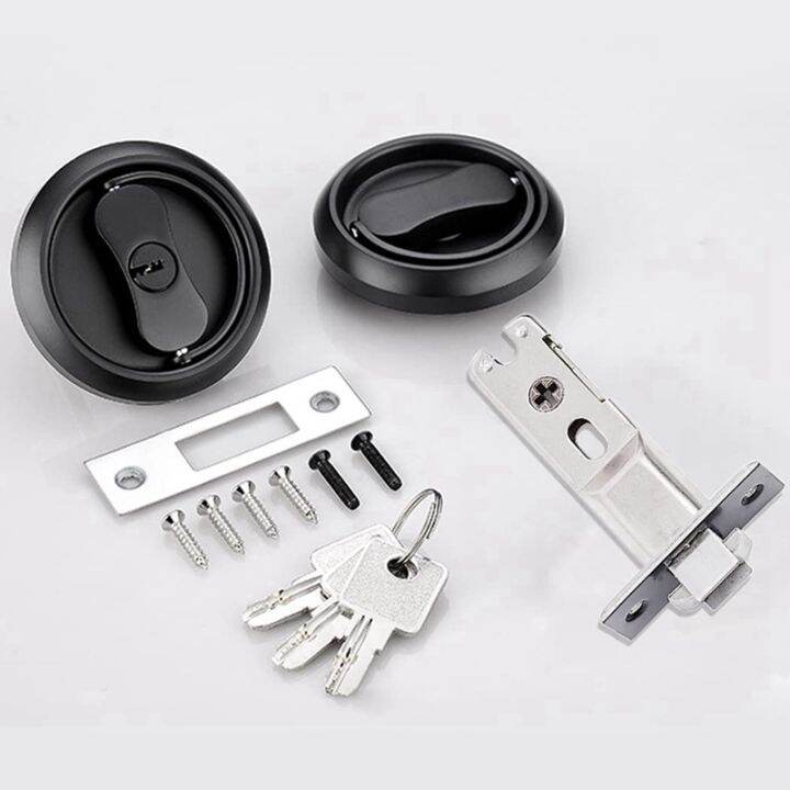 1-set-black-entry-pocket-door-hardware-lock-stainless-steel-privacy-pocket-door-lock-with-key-with-ring-pulls