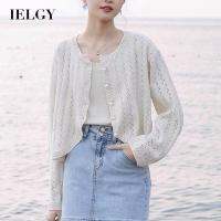 IELGY คัตเอาท์บางของผู้หญิงสีทึบเสื้อคาร์ดิแกนแบบถักสั้น