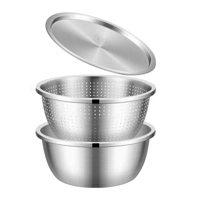 3PCS Set 304 Stainless Steel Bowl with Lid Strainer Kitchen Thicken Cooking Salad Mixing Bowls Set Washing Drain Soup Basin Bowl