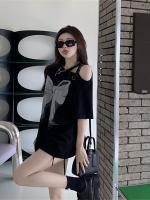 ♛♗▽ Very bernays/concave and convex printing hollow out the dew shoulder loose oversize short sleeve T-shirt female ins summer leisure coat