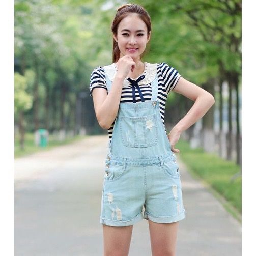 เอี๊ยมยีนส์ขาสั้น-สไตล์เกาหลี-overalls-สีอ่อน-กางเกงขาสั้น