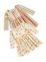 Toddler Casual A-line Dress, Baby Girls Stripe/Fruit Print Long Sleeve Round Neck Colorful Gown 18M-6T  by Hs2023