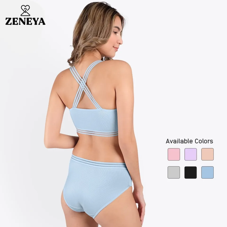 Set of 2) Zeneya Ribbed Mesh Bra and Panty Set Terno For Women Bralette  Cotton Panties Undies
