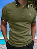 Mens summer comfort: green giant cat casual short-sleeved polo shirt, button-down V-neck T-shirt, slim-fit top