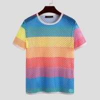 INCERUN Men Mesh T Shirt Short Sleeve Gradient Streetwear Sexy Party Nightclub Transparent Top Tee  Tie Dye Casual Camisetas