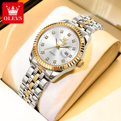 นาฬิกากันน้ำสำหรับผู้หญิง OLEVS นาฬิกาแฟชั่น Relo นาฬิกาข้อมือเรืองแสงปฏิทินสายเหล็กสแตนเลสพร้อมกล่อง
