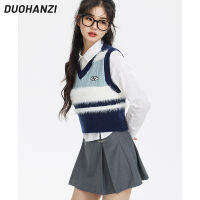 DUOHANZI เสื้อกั๊กคอวีขนสัตว์ตัดมิ้งค์เทียมสีตัดกันลายทางสไตล์มหาลัยสำหรับฤดูใบไม้ผลิเสื้อกั๊กระดับเอวสั้น