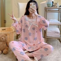 ；【‘；- Printing Women Long Sleeves Pajamas Sets Nightwear Sleep Suit Shirt Pant Cotton Round Neck Lace Edge Bow Homewear Loose 2Pcs