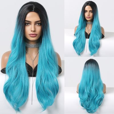Long Wavy Ombre Blue Cosplay Party Synthetic Wigs for Women Middle Part Colorful Halloween Hair Wig Natural Heat Resistant Fiber