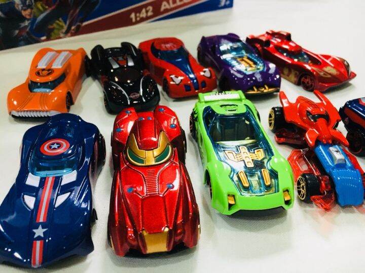 รถเหล็กอเวนเจอร์-โมเดลรถฮีโร่-avengers-car-toy-แพ็คละ-10-คัน