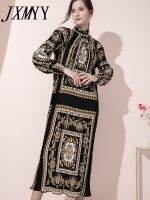 New Product Stand-Up Collar Loose And Thin Belted Pleated Long-Sleeved Printed Chiffon Dress Fashionable And Elegant Jumpsuit