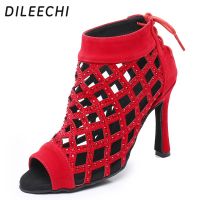 DILEECHI Women Latin Dance Boots Red Velvet Rhinestones Wedding Party Salsa Dance Shoes High Wide Heel 10Cm Soft Outsole