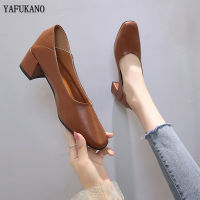 Spring  New Med Heel Soft Leather Shoes Women Square Toe Pumps Slip On Square Heel Daily Work All Match Cozy Female Shoes