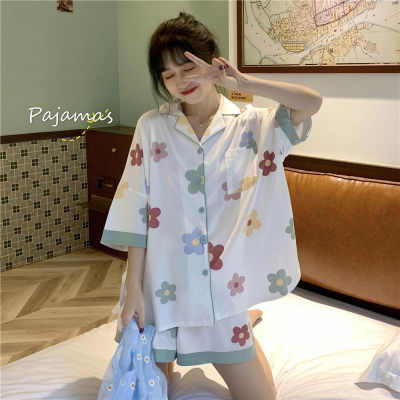 Pajama Sets Women Summer Ins Korean Lovely Floral Printed Half Sleeve Girls Homewear Loose Daily Sweet Fashion Ladies Sleepwear